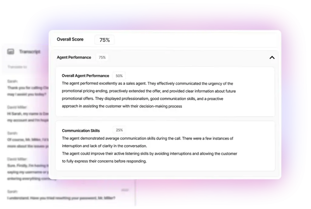 Ultatel Ai-Driven Evaluation, call scoring Screenshot of my service dashboard