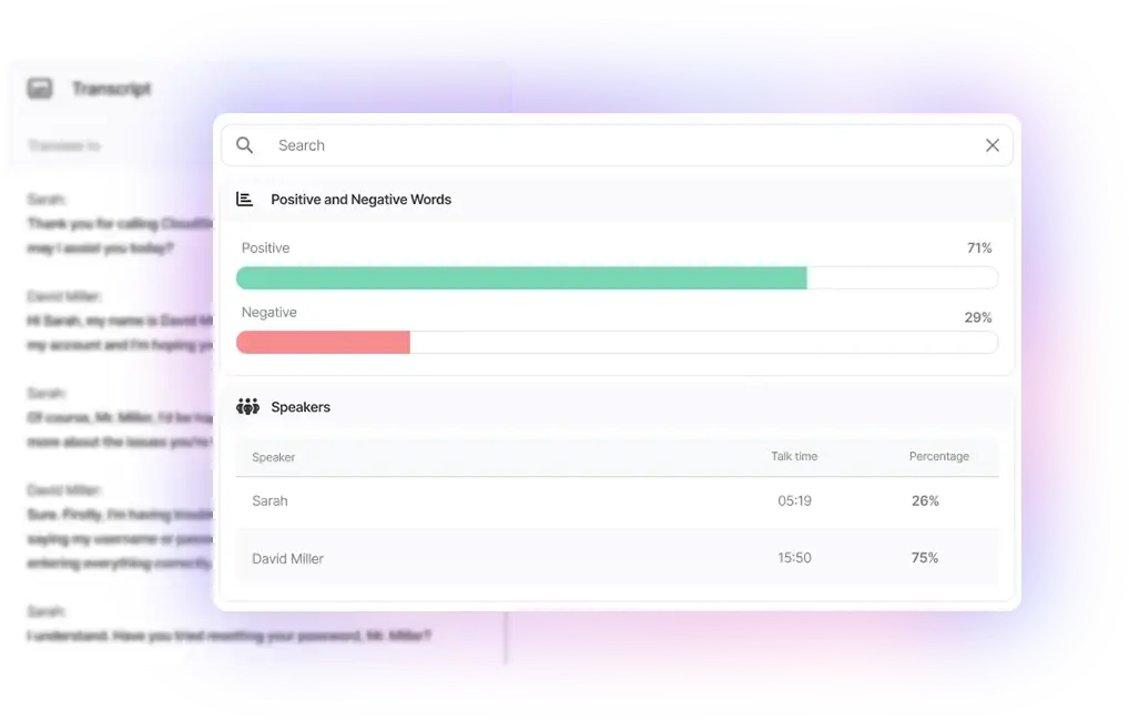 Ultatel AI-powered-sentiment-analysis, screenshot form Ultatel my service call recordings