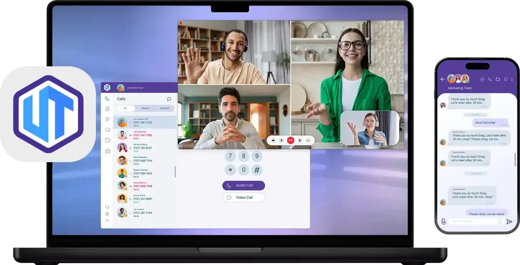 Ultatel Hub App Cloud Phone System, Video Call, voice call, text, chat, fax
